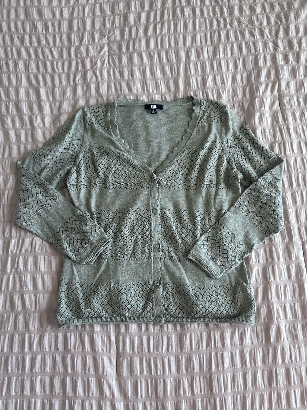 FRYE Sage Green Pointelle Knit Cardigan (M)